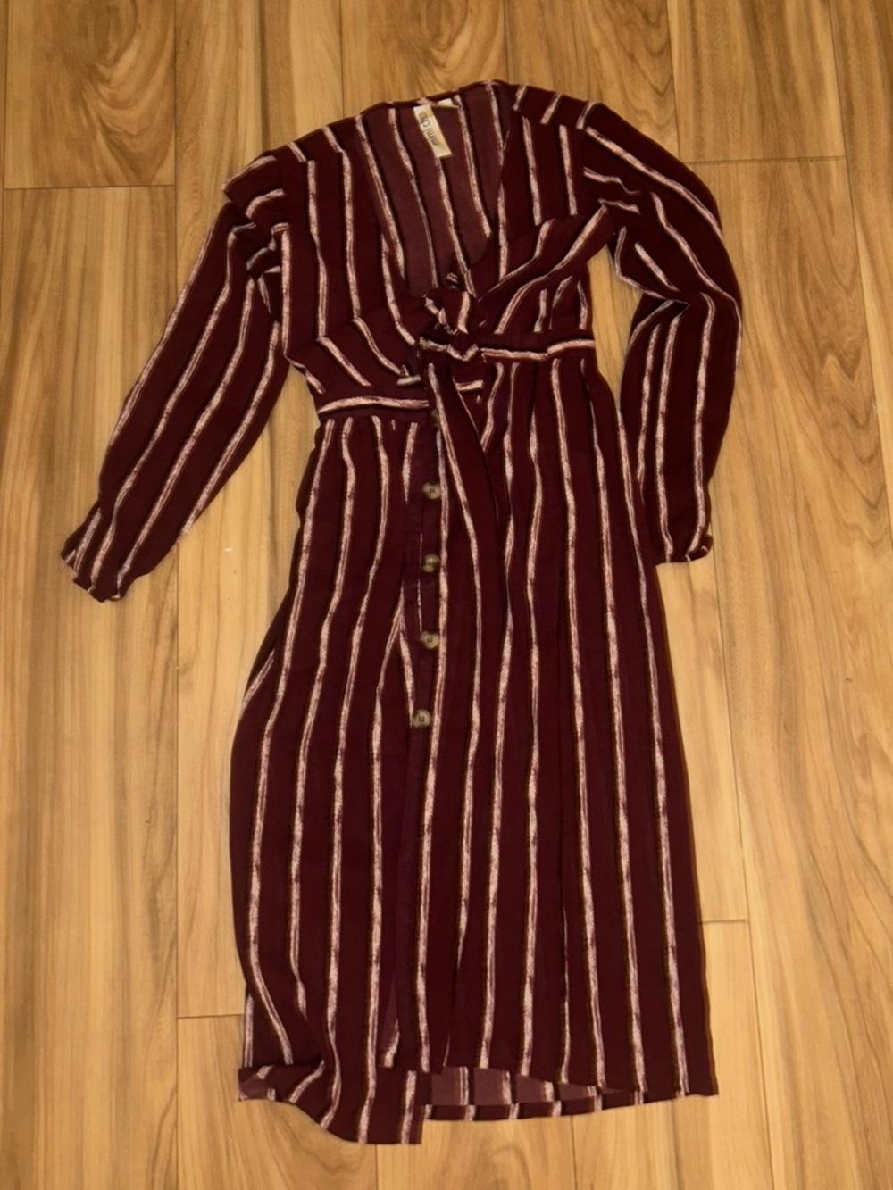 Mimi Chica Burgundy and Cream Striped Wrap Midi Dress